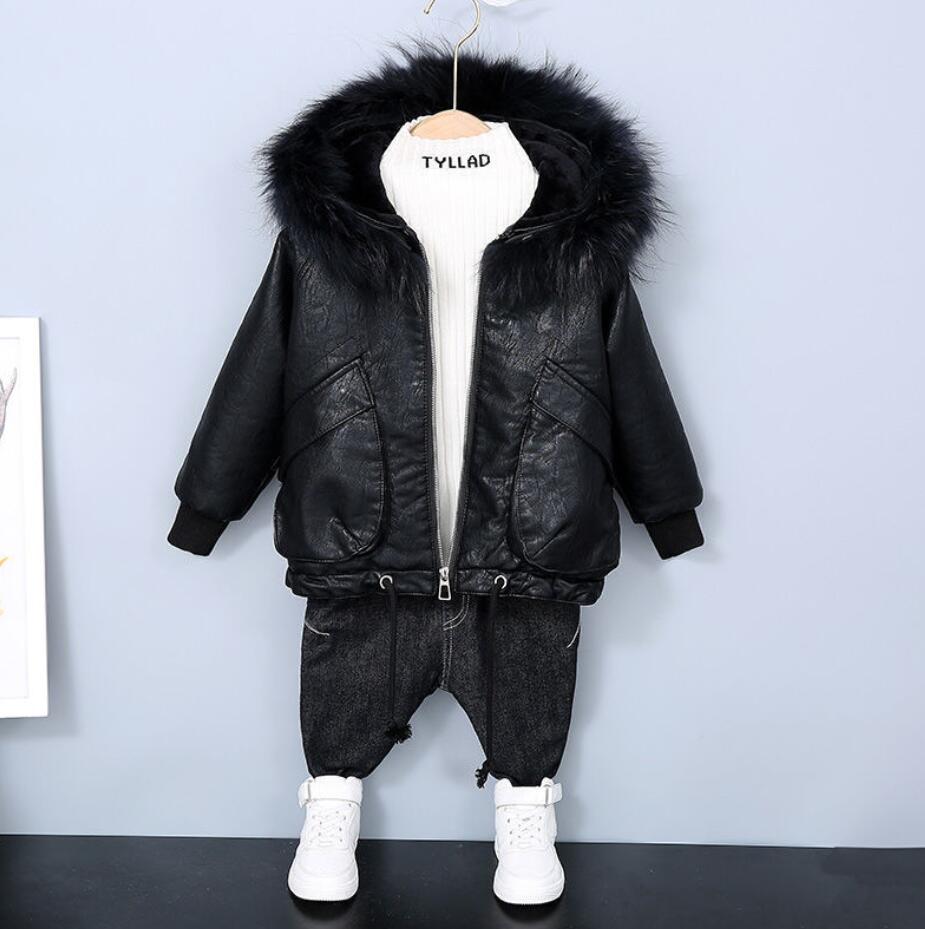 Kinderen Plus Dik Fluwelen Lederen Motorjas Kinderen Pu Leer Capuchon Leren Jas Jongens Warme Jassen: Black / 5T