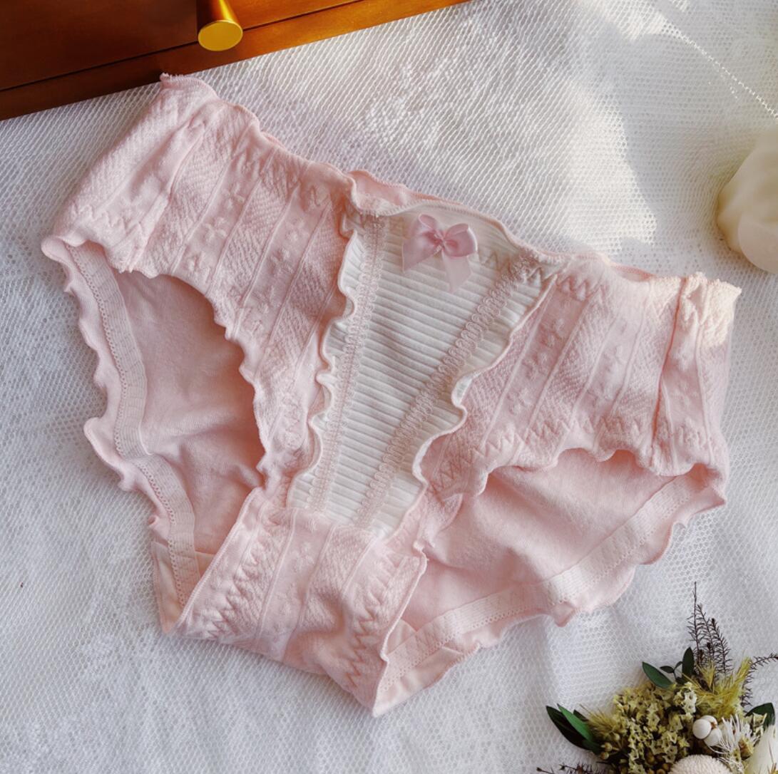 2022 2nd Free Photo M L XL Lolita Kawaii Ruffle Jacquard Baby Cotton Panties Brief Underwear Lingerie: Pink / L