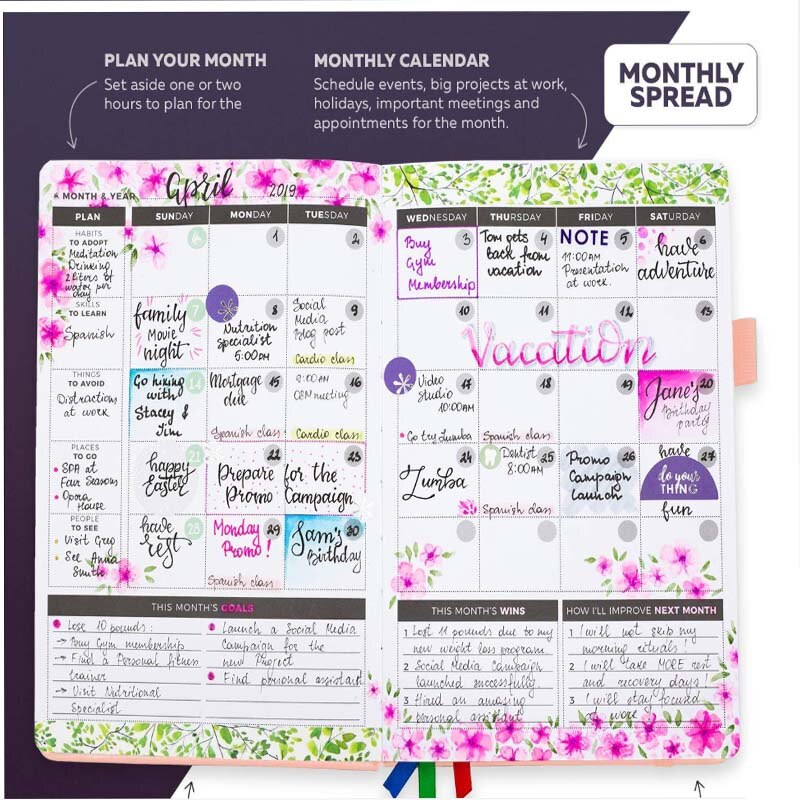 Monthly weekly planner agenda organizer diary notebook stationery daily goal tracking plan A5 leather hardcover office plan