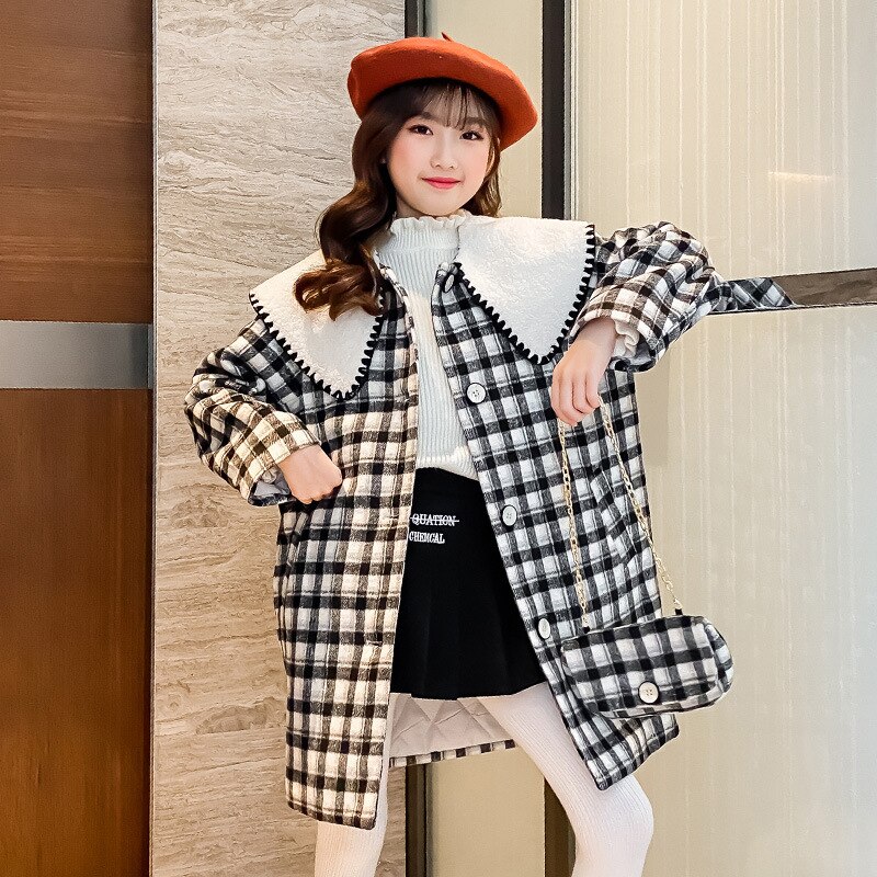 Abiti in misto lana scozzese stile x-long per ragazze colletto grande bambini caldi autunno inverno cappotti per bambini abbigliamento per ragazze adolescenti 4-14 anni