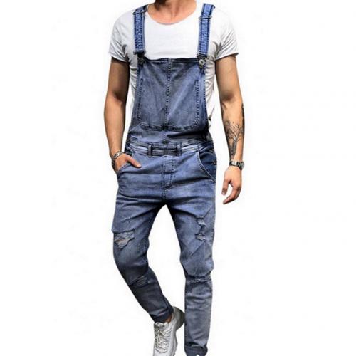 SALES! Retro Summer Men Ripped Denim Overalls Destroyed Hole Long Pants Jeans Jumpsuit: Blue / XXL