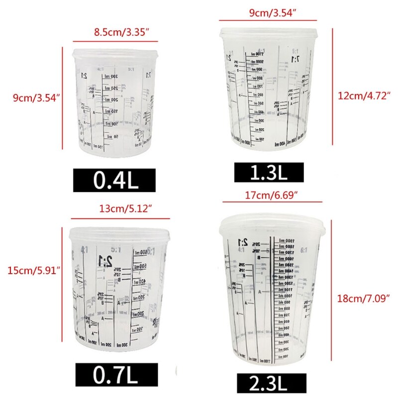 Tasses de mélange de peinture en plastique transparentes graduées jetables de 5 pièces