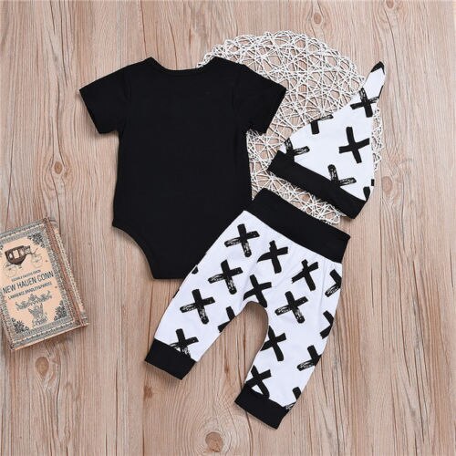 3 stk baby gutt jenter mamma topper romper + langbukser lue antrekk sett nyfødte barneklær