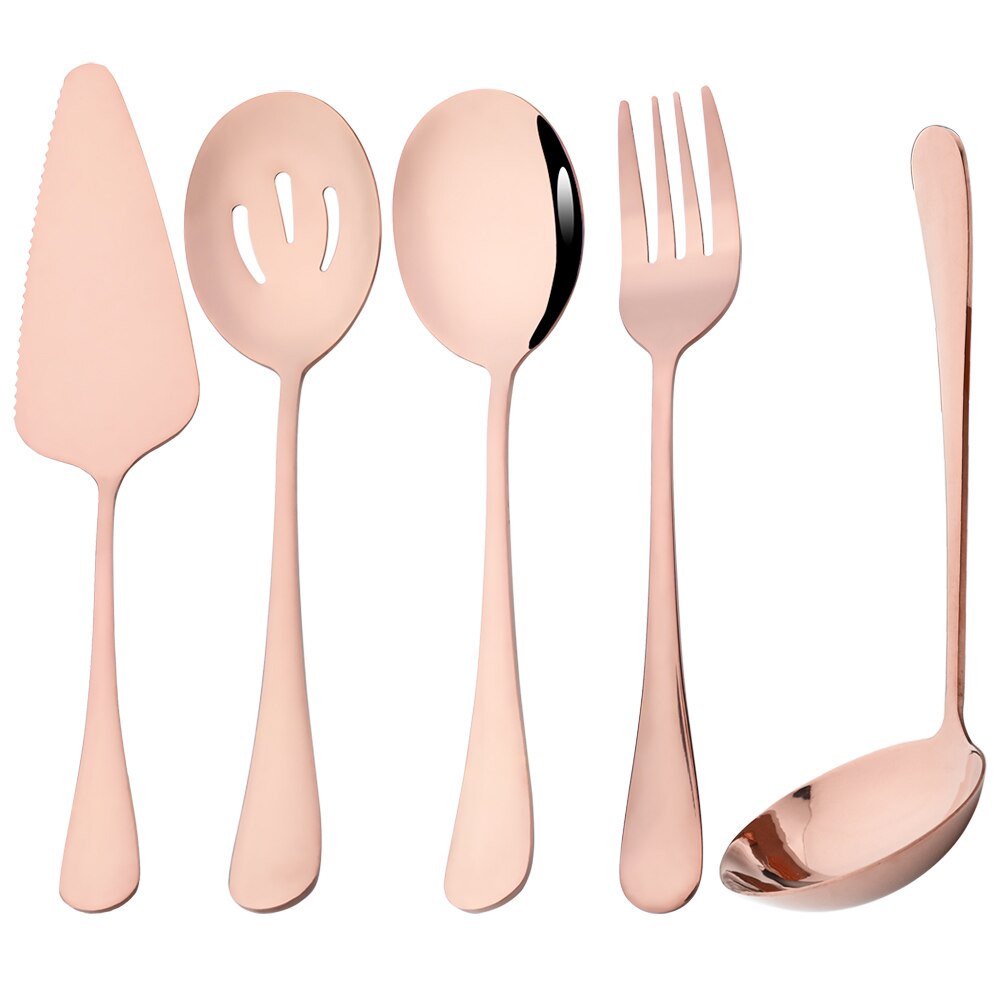 5Pcs Rainbow Stainless Steel Cutlery Serving Utensils Dinnerware Set Buffet Catering Serving Colander Spoons Fork Silverware Set: Rose