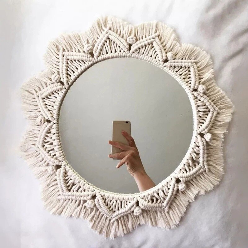 Espejo de pared colgante con flecos de macramé, redondo, bohemio, decoración artística para apartamento, sala de estar, dormitorio de bebé, guardería, entrada: 10