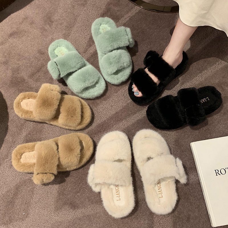 Women Fur Slippers Winter Platform Wedge Heel Indoor Non Slip Rubber Sole Slides Buckle Decoration Comfortable Shoes