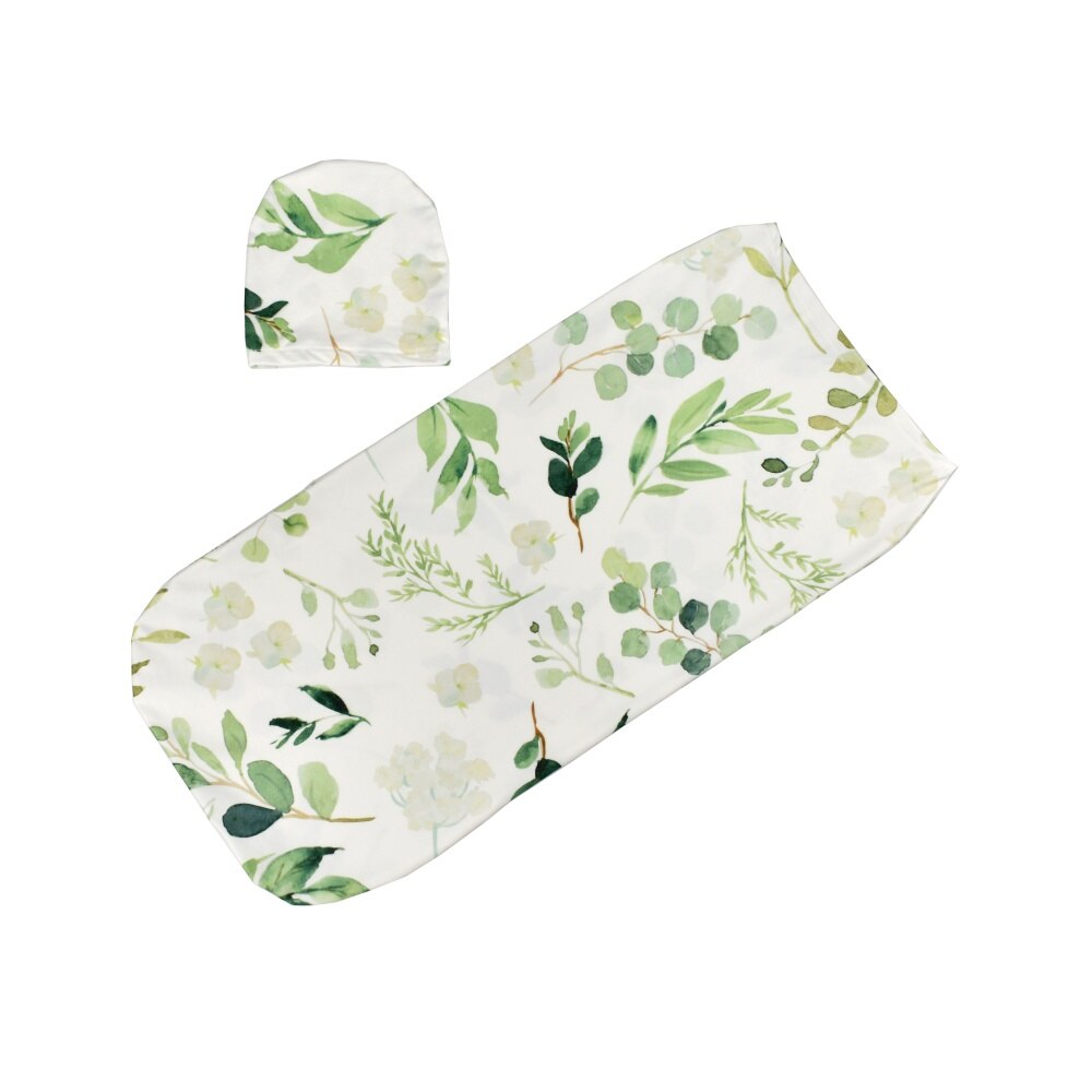 Bloemenprint Baby Slaapzak Pasgeboren Wrap Inbakeren Deken + Hoofdband 2 Stuks Sets Baby Jongen Meisje Zachte Katoen slaapzakken: leaf