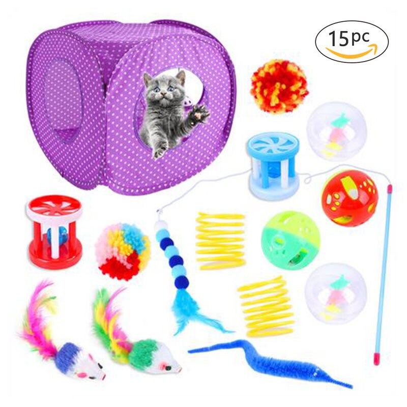 15Pcs Cat Toy Set Pet Indoor Interactive Cat Toys for Kitten Multifunction Cat Bell Feather Cat Interactive Supplies Pet Toy Set