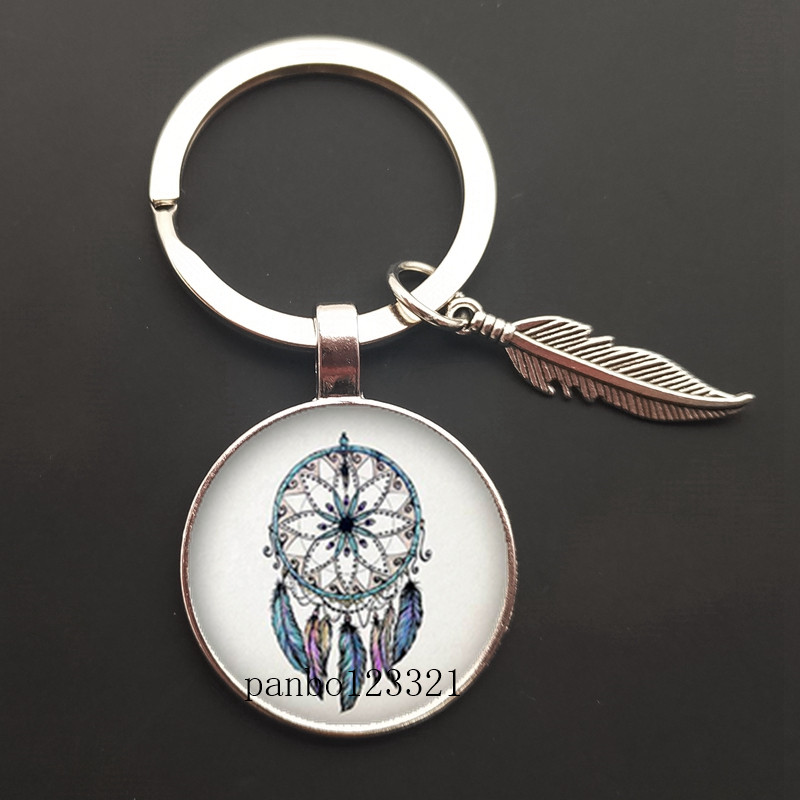 Dream Catcher Tone Key Chain Dream Catcher Feather Round Glass Convex Photo Keychain: Rose Gold