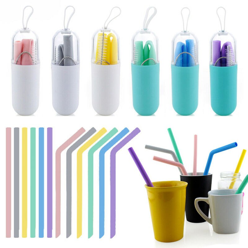 6 Colors Reusable Silicone Drinking Straws Food Grade Straw with Cleaning Brushes Set