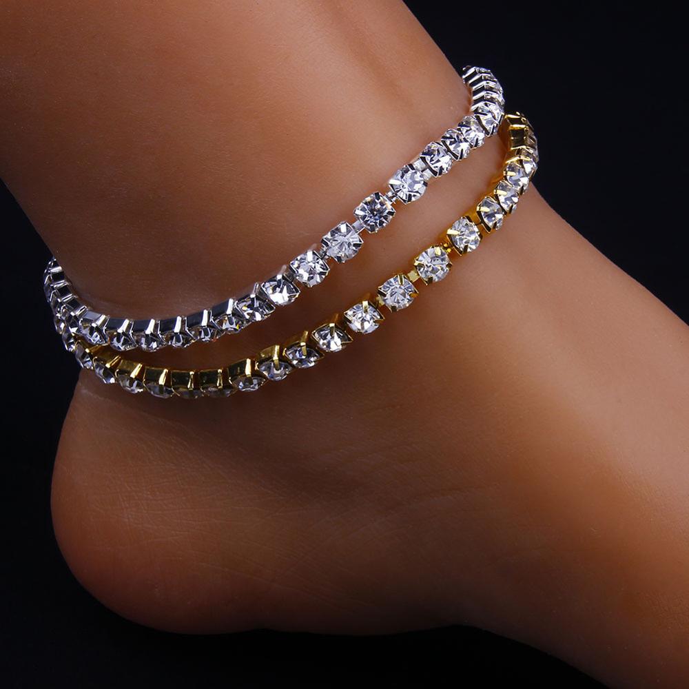 Gold Enkelband Rhinestone Crystal Enkelband Tennis Chain Boho Strand Enkelbanden Voor Vrouwen Sieraden Sandalen Voet Armbanden