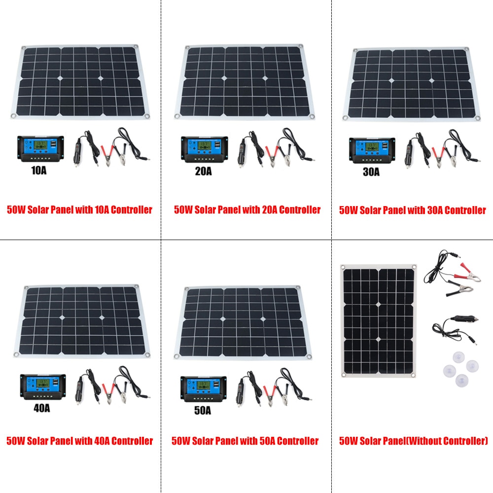 50W 12V/5V Silicon Solar Panel Dual Output USB Solar-Battery-Charger with 10/20/30A/40A/50A MPPT Solar Charge Controller