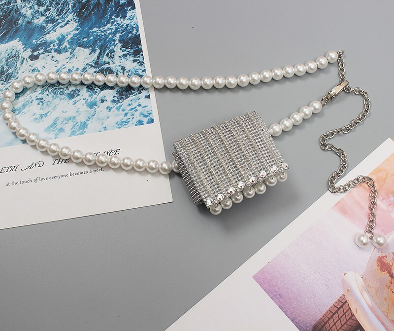 Silber Schwarz PVC Strass Taille Packungen Frauen Perle Kette Taille Gürtel Mit Münze Tasche Nette Mini Frauen Straße Perle Randbereich taille Tasche