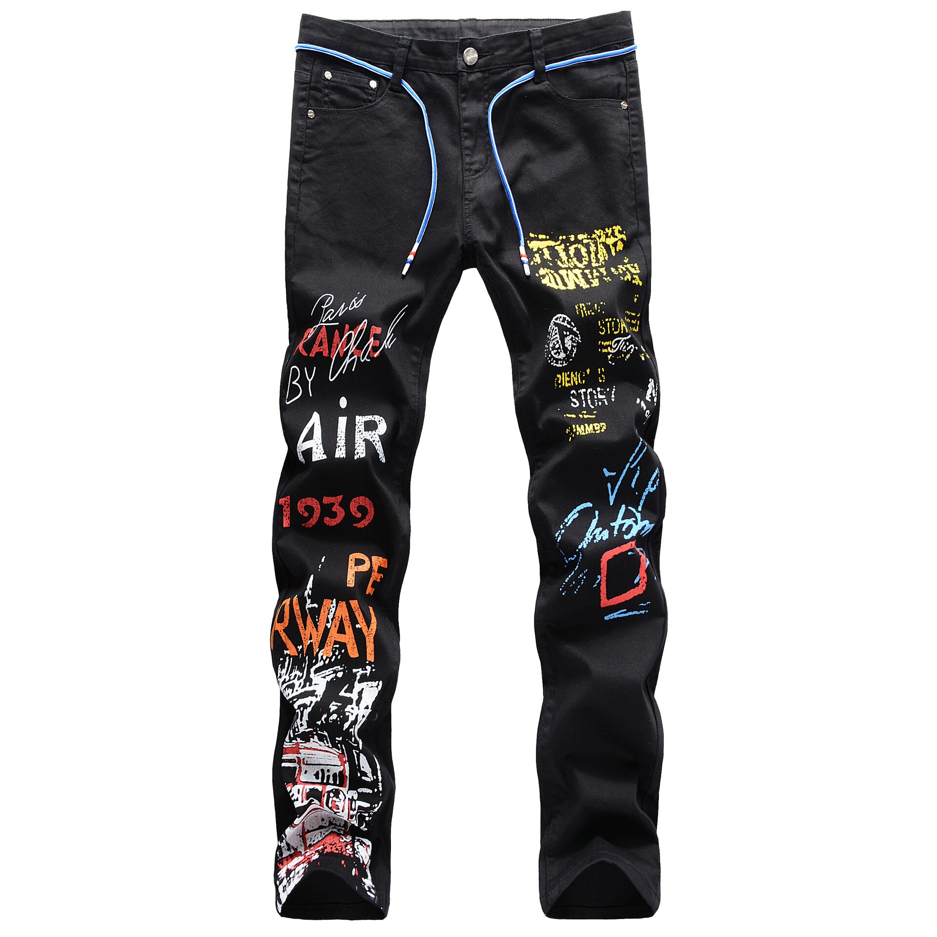 2021New Mens Jeans Night Club Black White Color Personal Printed Jeans Men Punk Pants Skinny Hip Hop Jeans: Black / 29
