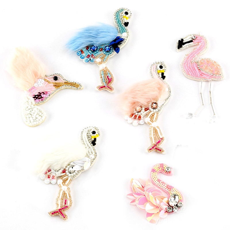 1 stks Lovertjes bont Flamingo Patch voor Kleding Naaien op Strass Kralen Applique voor Jassen Jeans Tassen Schoenen Kralen Applique