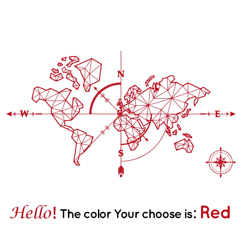 Large World Mape Compass Wall Decal Travel Adventure Exploration Global Earth Vinyl Wall Sticker Office Classroom Kids Room: Red