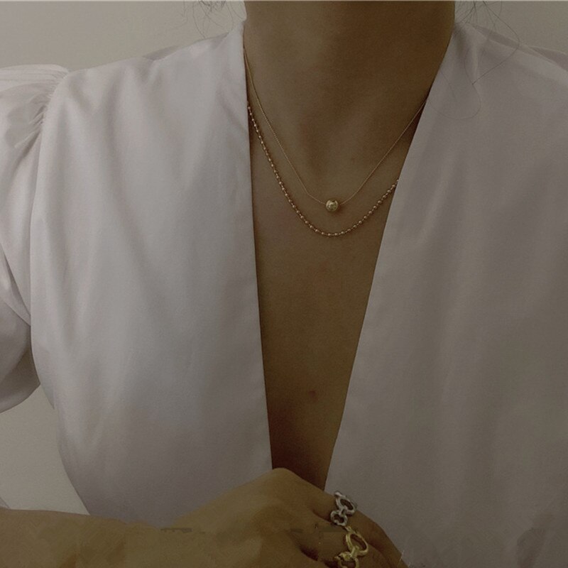 AOMU-collier pendentif rond à Double couche pour femmes, style coréen rétro, couleur or argent, bijoux de fête, ,