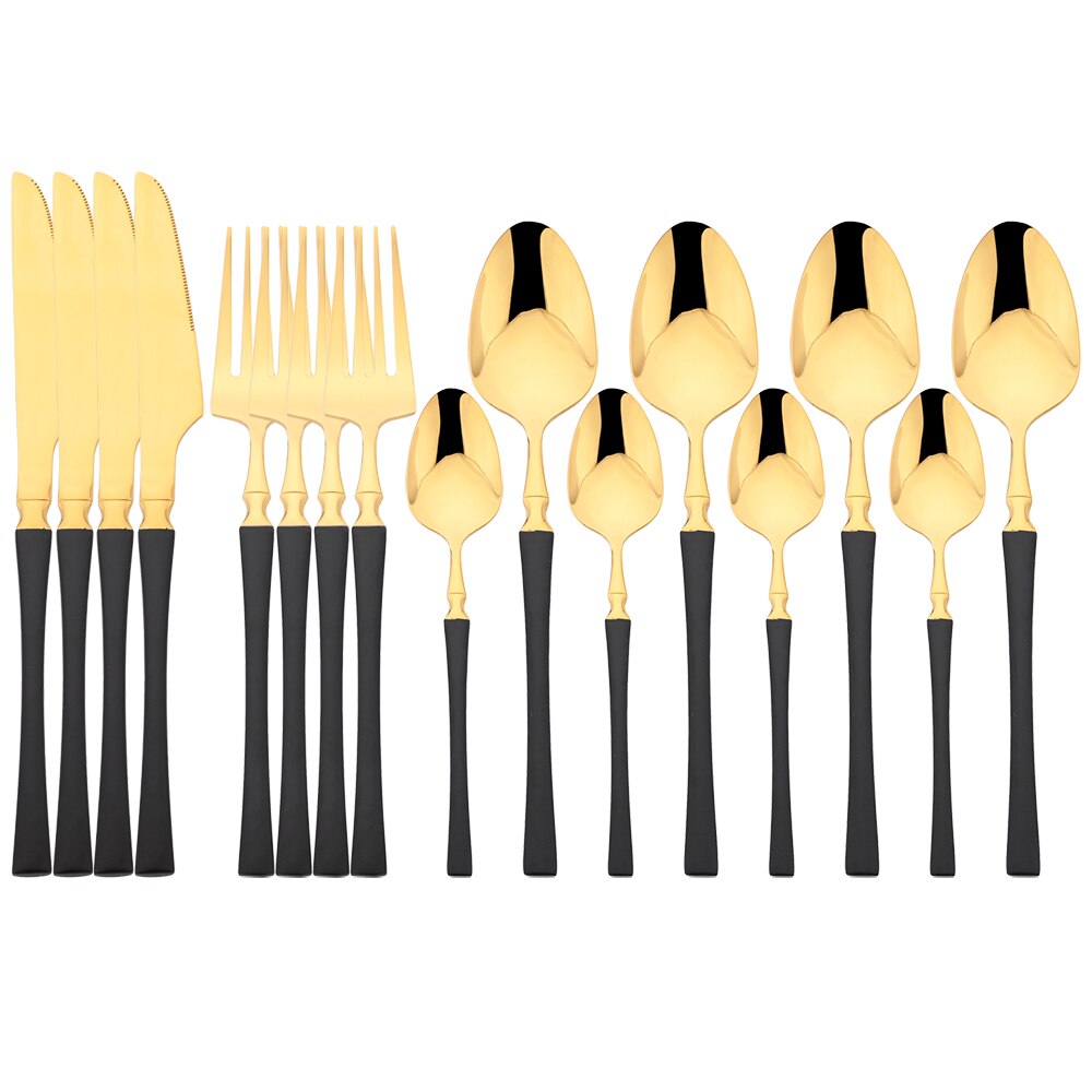 16 -teiliges rosen-essbesteck-set, bestehend aus messer, gabel, kaffeelöffel, edelstahlbesteck und küchenaccessoires im westlichen stil: Schwarzes gold