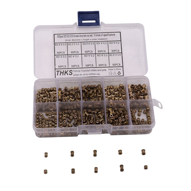 500 Pcs M2 M2.5 M3 Female Thread Copper Knurled Threaded Insert Embedment Nuts Assortment Kit Tool Embedded Parts Fastener