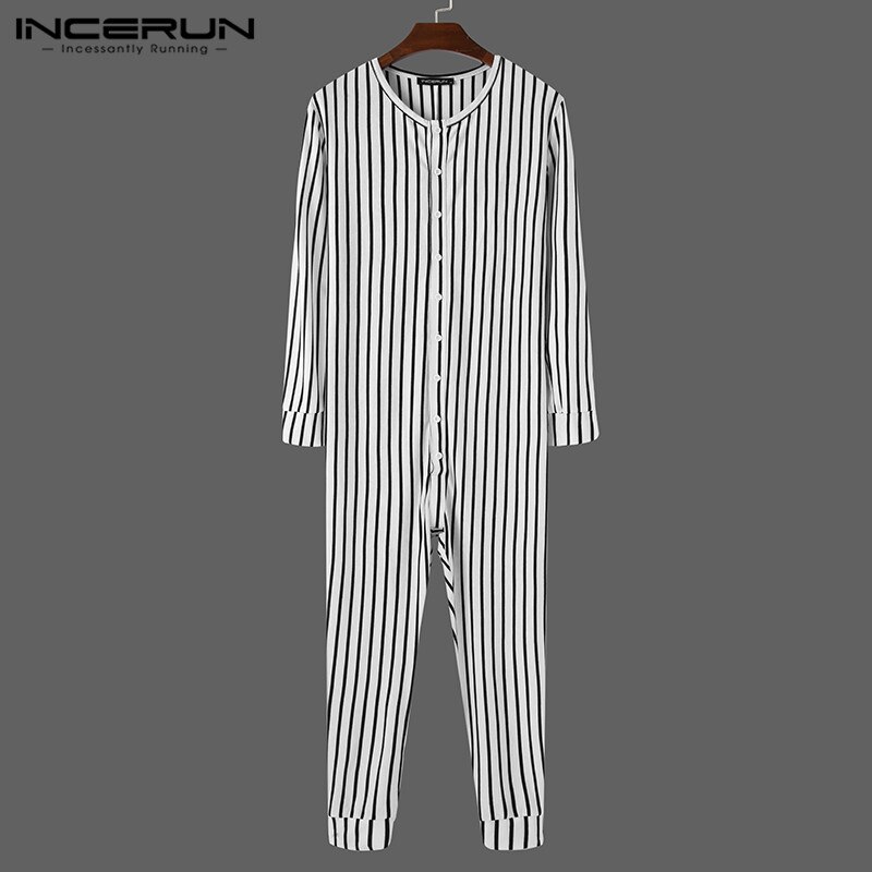 Incerun Mannen Gestreepte Pyjama Jumpsuits Lange Mouwen Button Up Leisure Homewear Rompertjes Cozy O Hals Heren Nachtkleding Overalls S-5XL