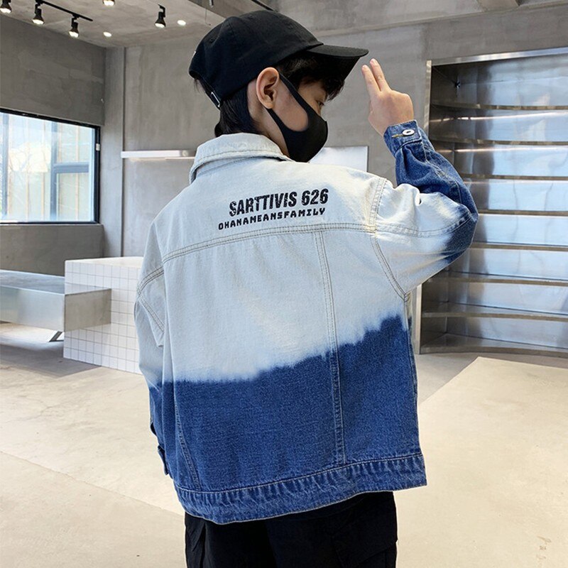 Menino primavera casaco 2022 novas crianças roupas adolescente gradiente denim jaqueta crianças casual retalhos outerwear 3 4 5 7 9 10 11 12 13 14 y