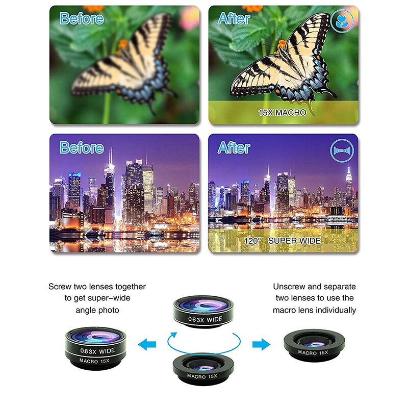 7 En 1 lente de cámara de teléfono ojo de pez ancho-ángulo Macro distancia-Aumento de polarización caleidoscopio 7 en 1 Conjunto