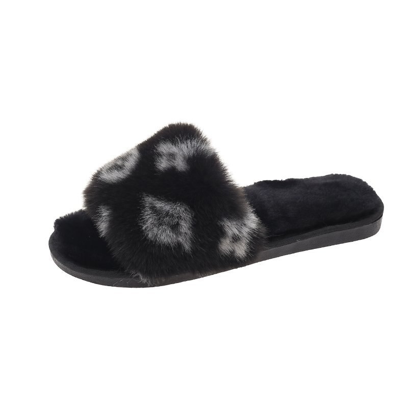 Varme sko kvinde vinter tøfler imiteret pels kvinder tøfler slip on flip flops pels tøfler kvindelige slides plus str.: Sort / 8.5