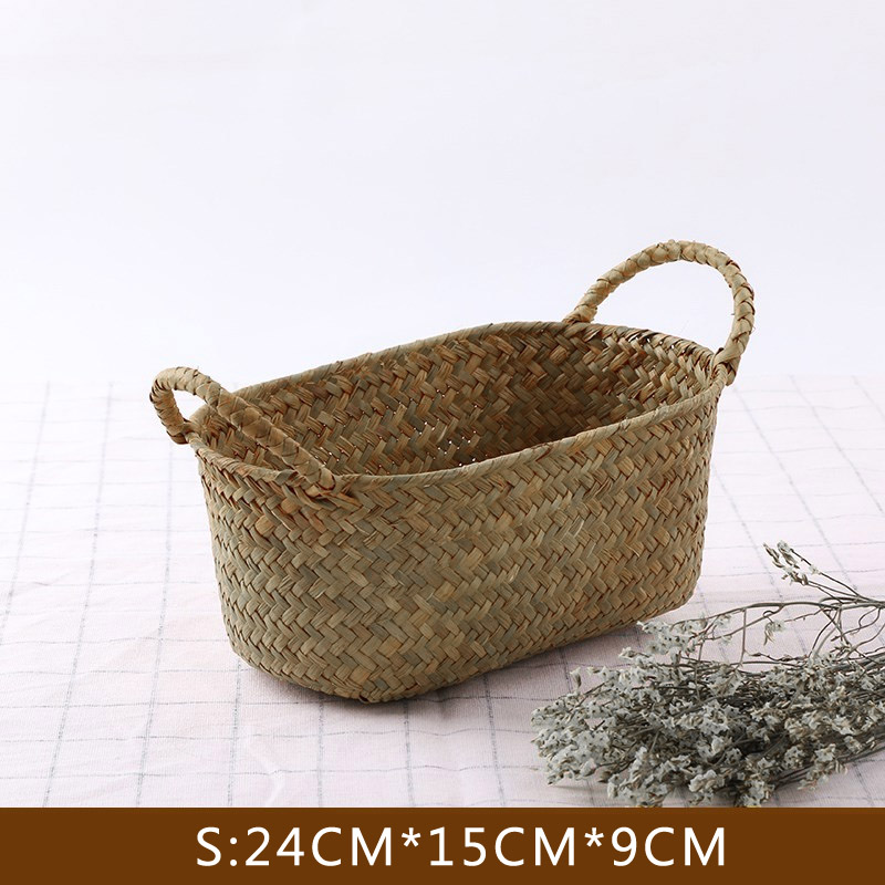 Handgemaakte Rieten Opbergmanden Zeegras Rieten Mand Tuin Plant Bloem Pot Wasmand Container Makeup Rotan Organizer: S Size