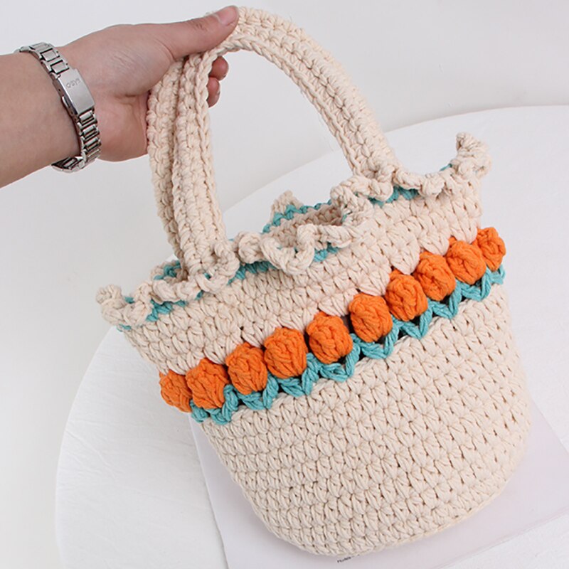 Gehaakte Strand Handtas Voor Meisjes Zomer Stro Touw Hollow Out Hand Geweven Totes Bag Vrouwen Hol Breien Handtas