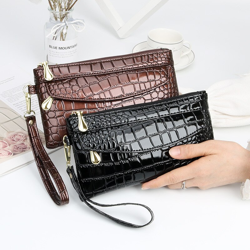 Damen-geldbörsen aus lackleder, lange damen-geldbörse mit doppeltem reißverschluss, clutch-tasche, rote handtasche, krokodilleder-geldbörsen