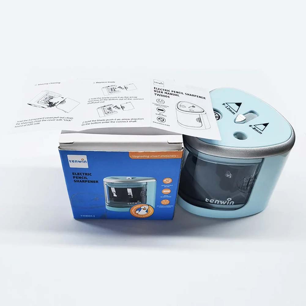 TENWIN Electric double-hole pencil sharpener Quick sharpening school supplies for 6-12mm pencils(Battery Not Included): Blue