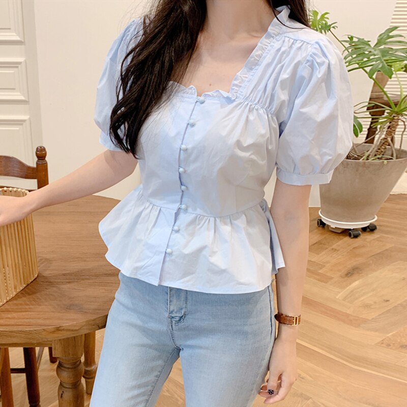 Short Chic Tops Summer Puff Sleeve Slim Waist Peplum Lace-Up Bow Tie Ruffled Shirt Blouse Women Top Korean Japan Flhjlwoc Cute: M