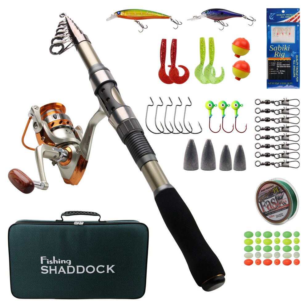 Fishing Rod Combo And Reel Kit Carbon Fiber Telescopic Spinning Portable Fishing Pole With Line Lures Hooks Beads Swivels Sinker
