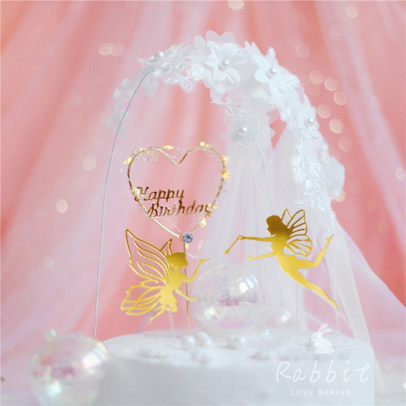 Joyeux anniversaire fée Elf gâteau Topper fleur dentelle maille Valentine décoration pour enfants enfant fille fête fournitures cuisson mignon