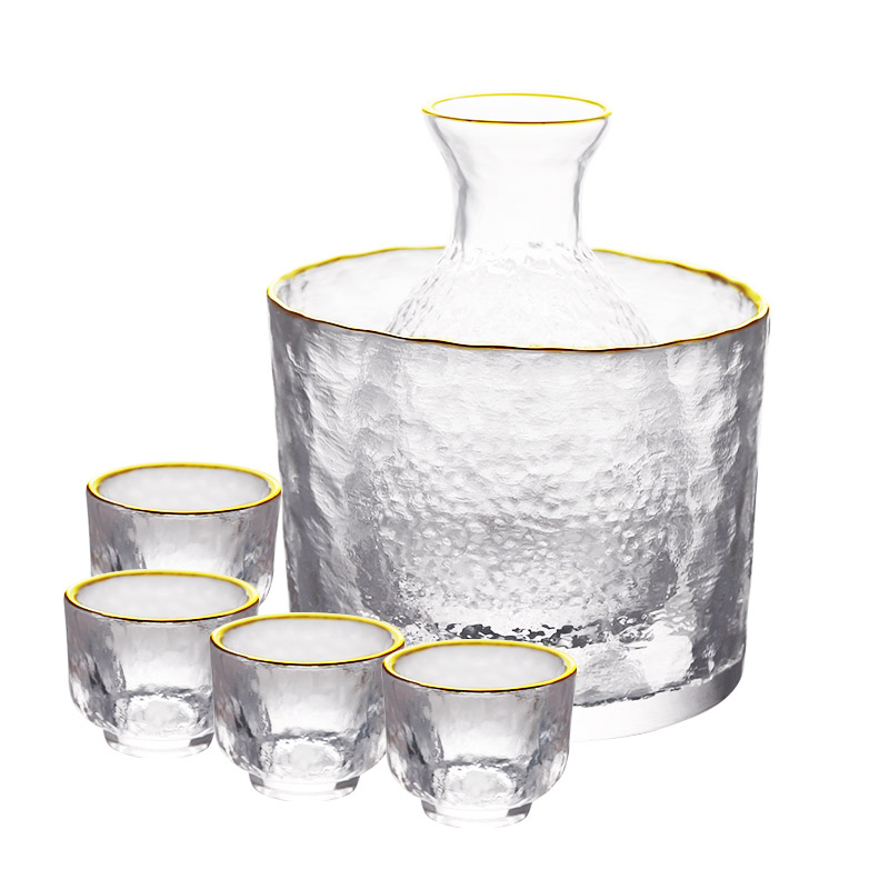 DEOUNY Japanischen Stil Willen Flachmann Sets Glas Wärmer Heißer Topf Weiß Wein Tassen Kaffee Gehämmert Gold Rand Bar: gold