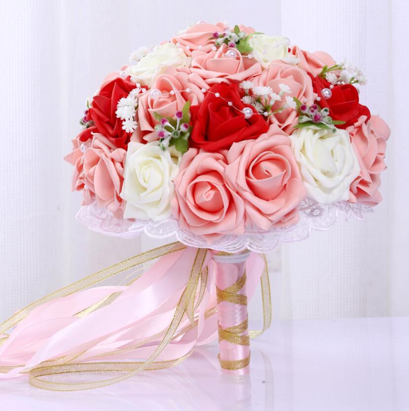 Bourgondië Wedding Boeket Roze/Rood/Wit/Bourgondië Bridal Bruidsmeisje Bloem Kunstmatige Bloem Roos Boeket Bruid AA130: red pink white