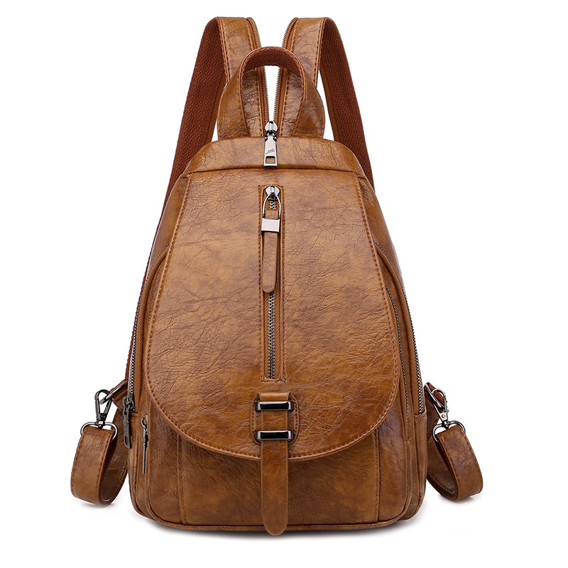 Vintage Women Backpack for Ladies Travel Back Bag Chest Shoulder Bag Good Oil Wax PU Leather Female Backbag Mochila: Brown-2