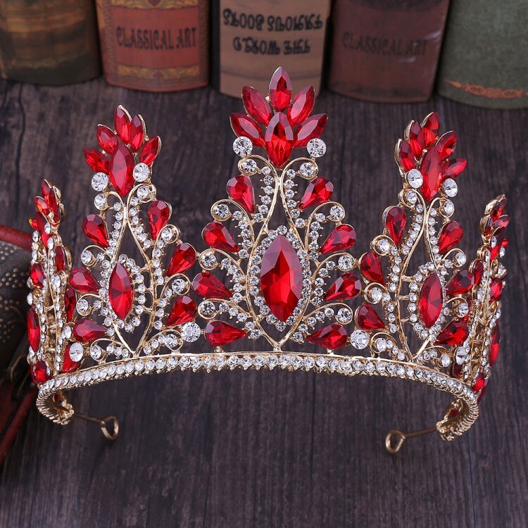 Barok luksus krystal stor brude tiaras krone rhinestone festtøj diadem pandebånd bryllup hår tilbehør tiara de noiva: Guldrød