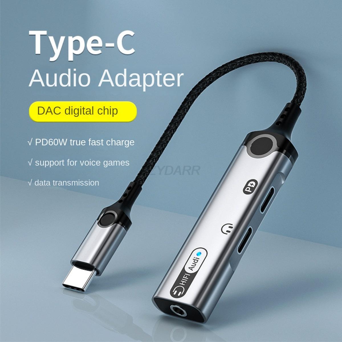 Type-C Headphone Adapter 3 in 1 USB C to 3.5mm Audio Converter USB C Audio Splitter and 60W Charging for iPhone15 Galaxy S23 S22