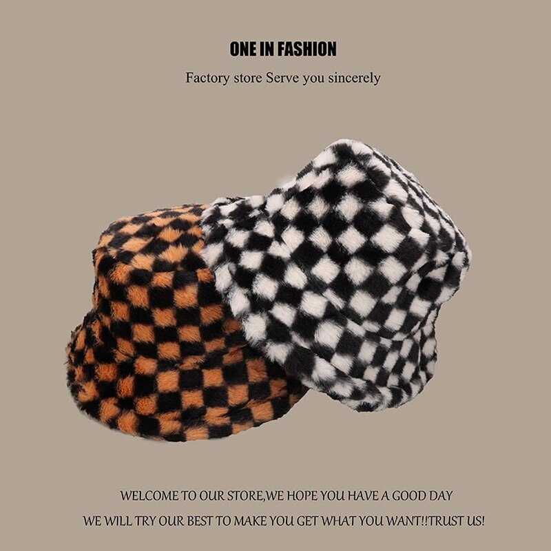 Vrouwen Hoeden Vrouwelijke Winter Dikke Warme Koe Fluwelen Vissen Caps Gorro Beanie Dames Zwart Wit Plaid Emmer Hoeden