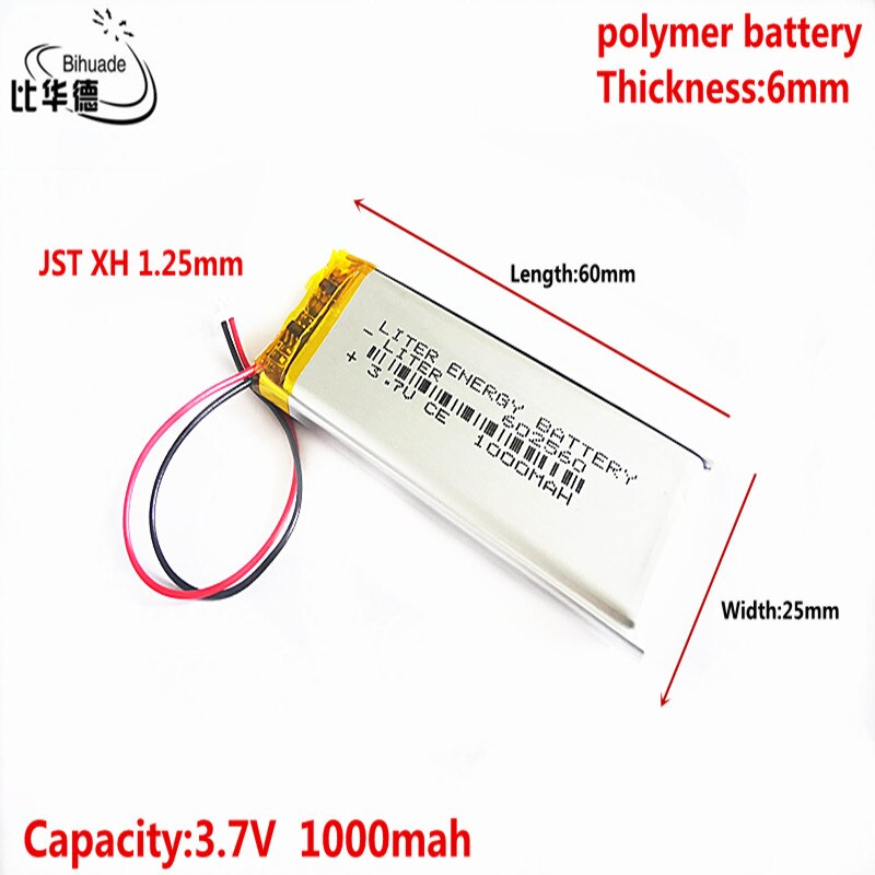 Jst Xh 1.25Mm 3.7V 1000Mah 602560 Lithium Polymer Lipo Oplaadbare Batterij Voor Mp3 Hoofdtelefoon Pad Dvd Bluetooth camera