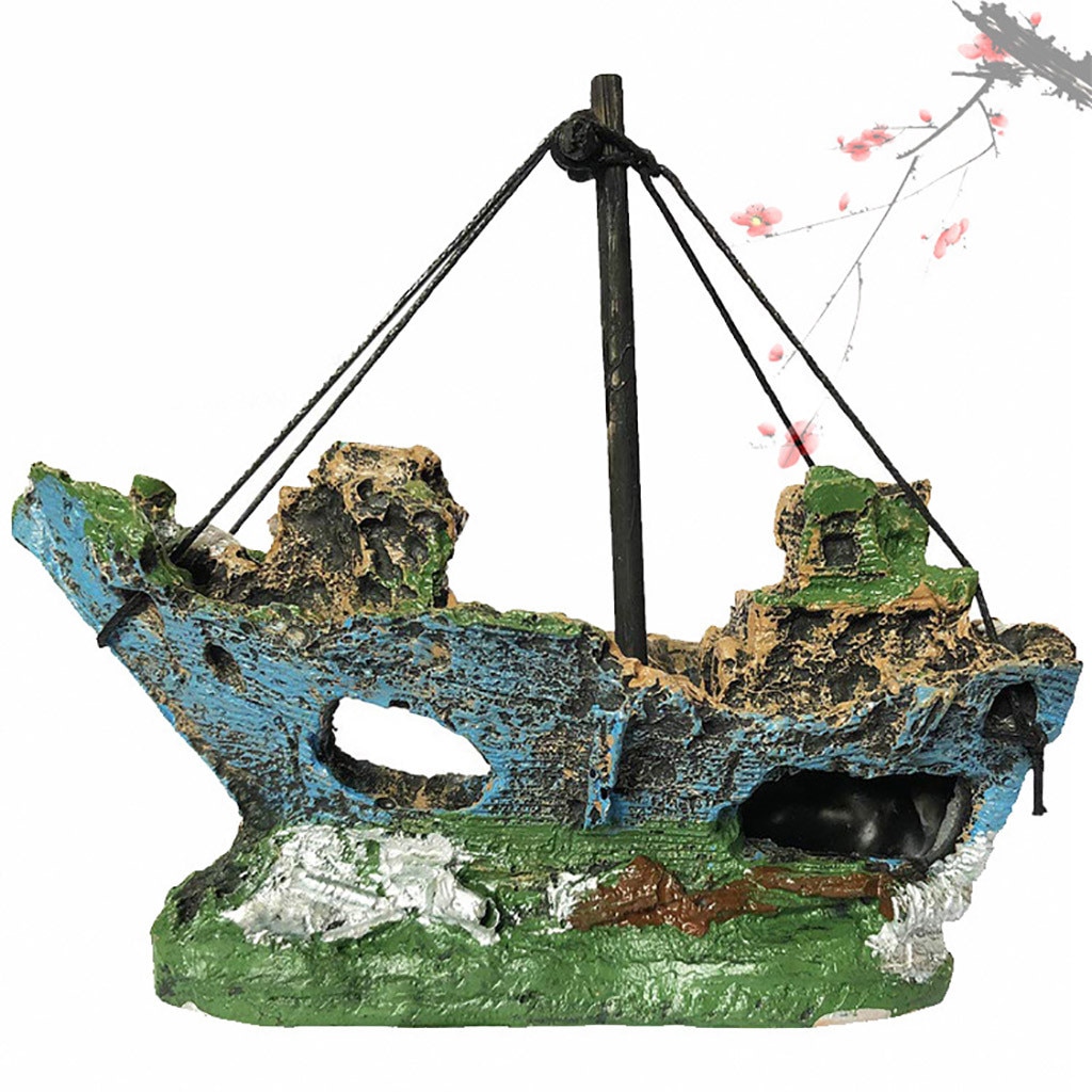 Small Landscaped Aquarium Pirate Fish Tank Boat Artificial Ornaments Viewfinder Glass House Resin Wreck Pirate Ship Decor