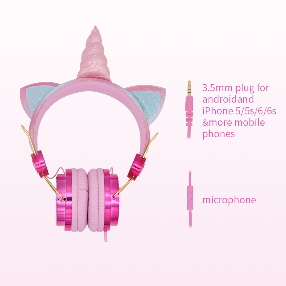 Bonitos auriculares de unicornio con cable y micrófono para niñas y niños, cascos para ordenador portátil, teléfonos móviles, PC, MP3, tableta