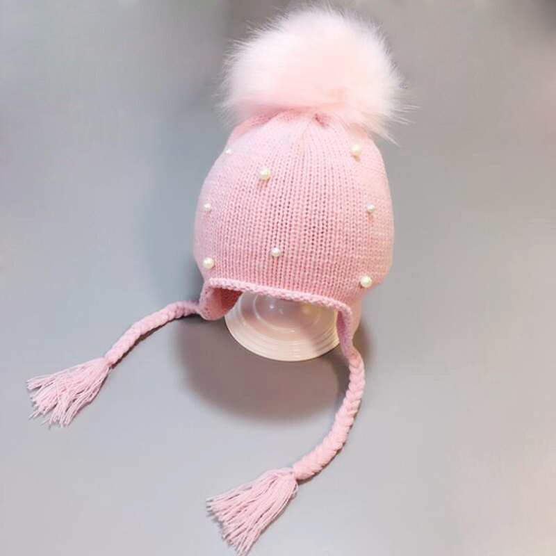 Baby vinterhue til børn pompon strikket baby dreng pige hue motorhjelm enfant børn småbørn vinterhue øre varm baby hue: Perle lyserød