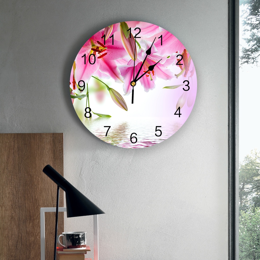 Pink Lily Flower Water Reflection PVC Wall Clock Living Room Bedroom Wall Digital Clock Home Decore Wall Clock Modern