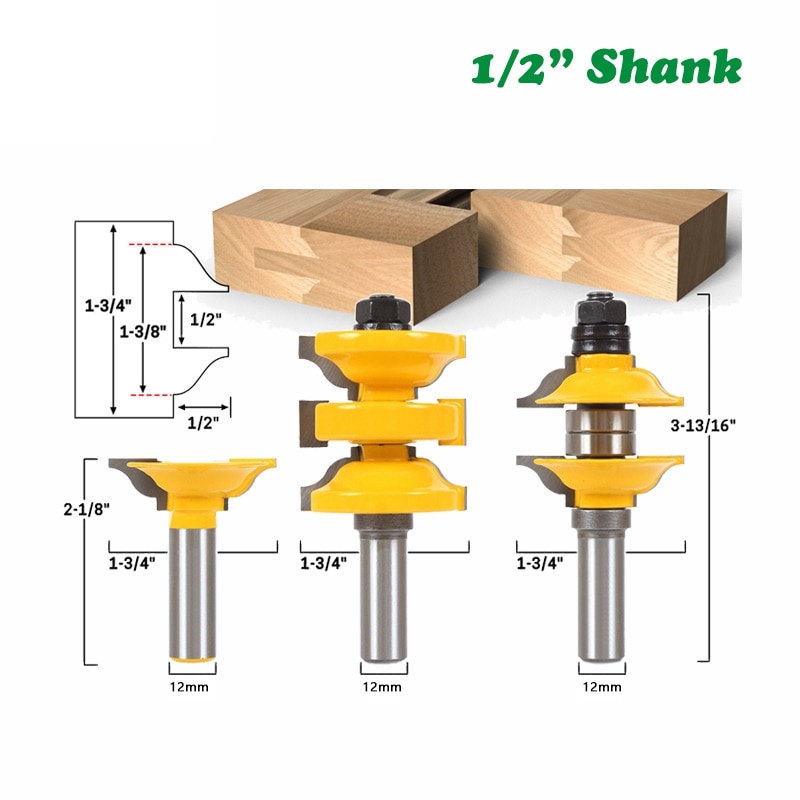 3Pcs 12mm Shank Entry Interior Tenon Door Router Bit Set Matched R&S Router Bits Carving for Wood