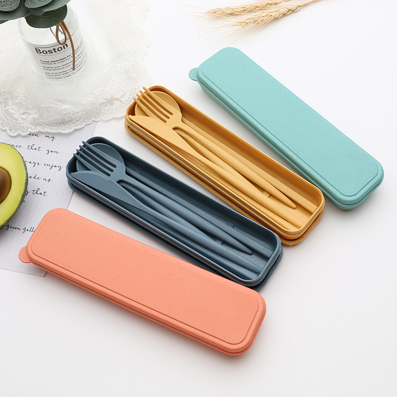 Couverts portables de voyage, boîte de couverts portables de voyage Style japonais couteau à paille de blé fourchette cuillère baguettes pour étudiants service de vaisselle de cuisine 4 pièces/ensemble