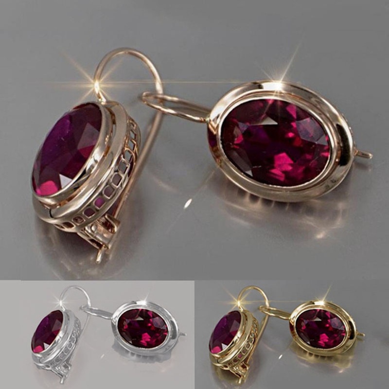 Exquisite Oval Crystal Hollowed Out Gold Earrings Ruby Crystal Jewelry Accessories Earrings for Women Anniversary