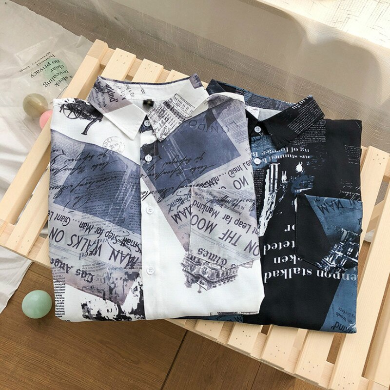 Overhemd herenkleding lange mouwen bedrukt zwart harajuku tops herenoverhemden koreaanse stijl studenten witte kleding plus size dagelijkse chic