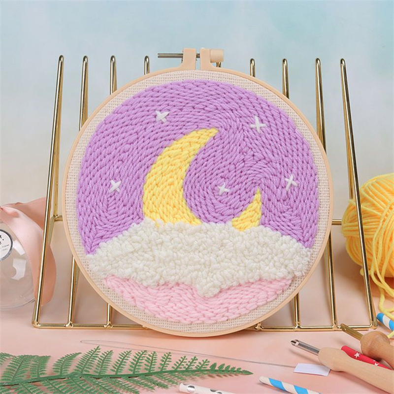Scenery Moon Punch Needle Embroidery Starter Kits DIY Craft Set Rug Hooking Punch Needle Tool With Threader Fabric Wool Yarn: light green